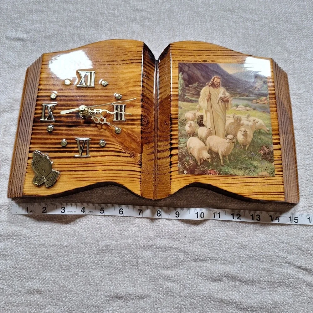 Vintage Jesus Carved Wood Finished Open Bible Clock Hanging Decor